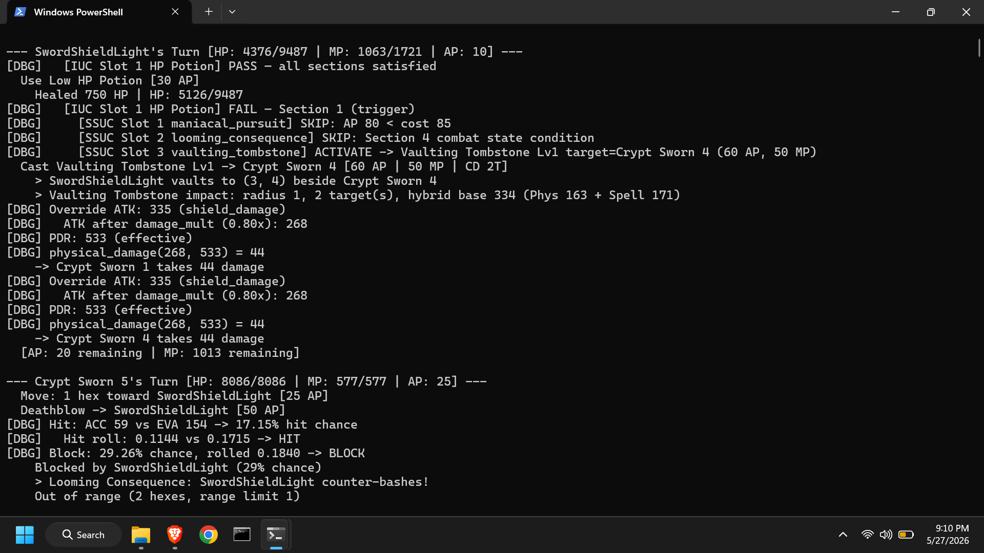A turn of the Dungeon Tester rendered in PowerShell: SwordShieldLight uses a Low HP Potion, then casts Vaulting Tombstone at Crypt Sworn 4. An enemy counter-attack is blocked and met with a Looming Consequence counter-bash.
